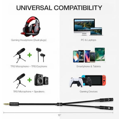 3.5mm Headphone and Mic Splitter Adapter, Gaming Headset Y Splitter Cable