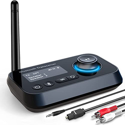 Bluetooth Transmitter Receiver 3-in-1 Bluetooth 5.0 Audio Adapter for 2 Headphones With Bypass Volume Control Low Latency Long Range LCD Display ON/OFF Optical AUX RCA for TV Home Stereo Speaker