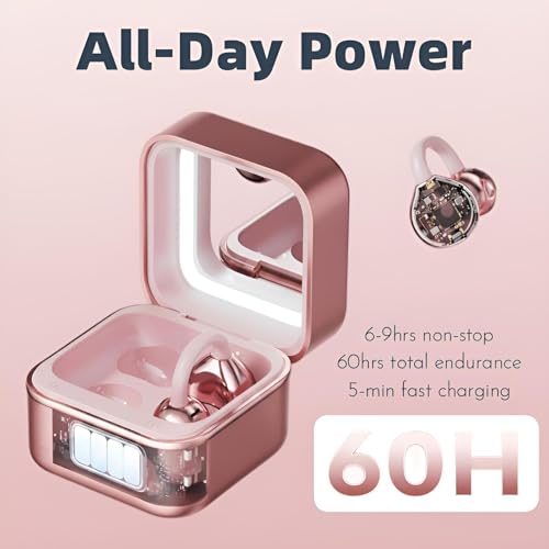 Wireless Earbuds with LED Makeup Mirror Case, Bluetooth 6.0 Open Ear Clip-On Headphones, Cute Pink Air Conduction Earphones for Women, Low Latency, Secure Fit for Running & Travel - color: Pink