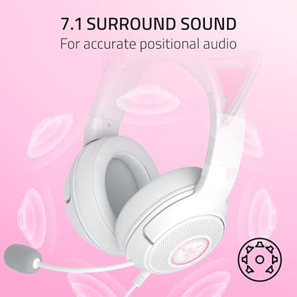 Razer Kraken Kitty V2 USB Wired Headset, Chroma RGB Kitty Ears, White | Stream Reactive Lighting, HyperClear Cardioid Mic, 40 mm Drivers, 7.1 Surround Sound, Comfortable Ear Cushions - color: White
