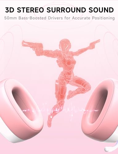 Gvyugke 2.4GHz Wireless Gaming Headsets for PS5, PS4, PC, Switch, Pink | Bluetooth 5.3 Gaming Headphones with Noise Canceling Mic, 7.1 Surround Sound, 70H Battery, Blue Lighting - color: Pink