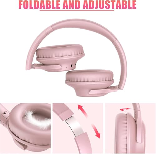 KVIDIO Bluetooth Headphones Over Ear, 65 Hours Playtime Wireless Headphones with Microphone, Foldable Lightweight Headset with Bass and Stereo Sound Low Latency for Travel Work Cellphone - color: Pink