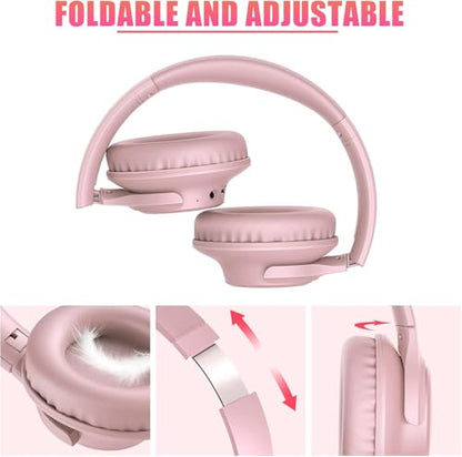 KVIDIO Bluetooth Headphones Over Ear, 65 Hours Playtime Wireless Headphones with Microphone, Foldable Lightweight Headset with Bass and Stereo Sound Low Latency for Travel Work Cellphone - color: Pink