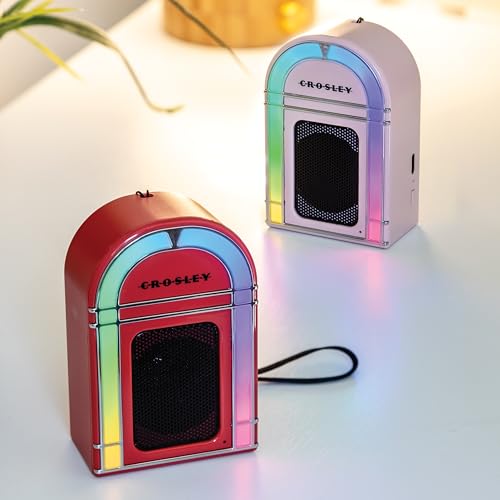 Crosley CR3046A-RE Mini Jukebox Portable Bluetooth Speaker, Red | Bluetooth In, 5 Color-Changing Light Modes, LED Lights Sync with Music, Rechargeable Lithium-Ion Battery - color: Red