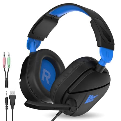 QXQ Wired Gaming Headset for PS5/PS4/PC/Switch - 3.5mm Over-Ear Headphones with Noise-Canceling Mic - RGB LED Light - Deep Bass Stereo Surround Sound - Soft Memory Foam Earpads (Dark Blue) - color: Dark Blue