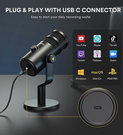 MAONO PD100U USB Dynamic Microphone, Podcast Recording Mic with Gain Knob | Plug & Play, Desktop Stand, Metal Structure, Cardioid Studio PC Computer Mic for Streaming, Vocal, Studio, Content Creation