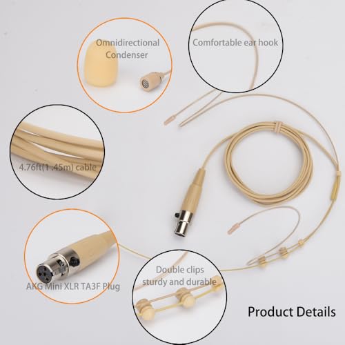 YXG Microphone Headset Headworn Earset Over Ear Hanging Condenser Mic Compatible with Shure Wireless System Bodypack Transmitter，Ideal for Lectures, Live Performance, Theater, Podcasts – Beige
