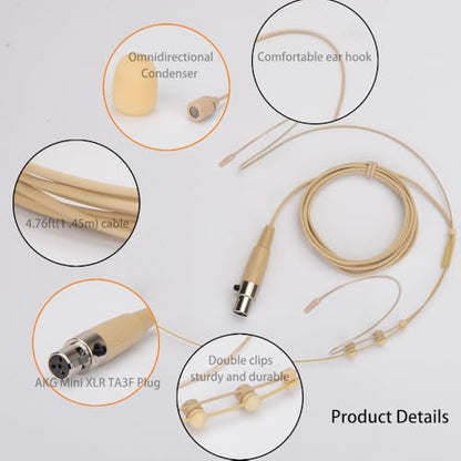 YXG Microphone Headset Headworn Earset Over Ear Hanging Condenser Mic Compatible with Shure Wireless System Bodypack Transmitter，Ideal for Lectures, Live Performance, Theater, Podcasts – Beige
