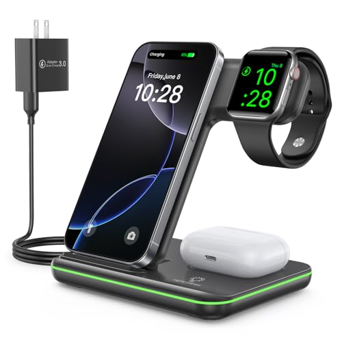 WAITIEE Foldable Wireless Charger for iPhone 17 16 15 14 13 12 11 X 8, 3 in 1 Charging Station for Apple Watch & for AirPods (Black) - color: Black