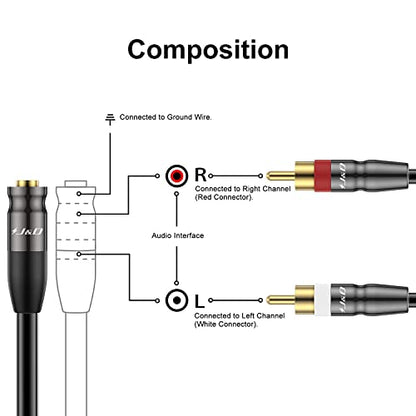 J&D 3.5 mm to Dual RCA Audio Cable, Gold Plated Copper Shell Heavy Duty 3.5mm Female to 2 RCA Male Stereo Audio Adapter Cable Adapter Cord, 10 Feet - size: 10 Feet