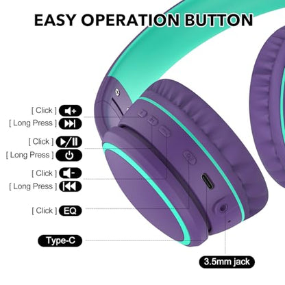 B10 Bluetooth Headphones Over Ear, 2 EQ Music Modes(Normal/Bass) and 50H Playtime Wireless Headphones with Mic, Lightweight Folding HiFi Stereo Headset for iPad/Travel/Tablet/PC/Home (Purple) - color: Purple