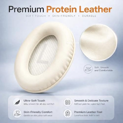 Replacement Ear Pads for Bose QC35 and QC35 II | Soft Protein Leather Ear Cushions with Noise Isolation, Memory Foam, Extra Durability - color: White