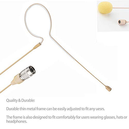 Headset Headworn Microphone - Hirose 4 Pin Plug Head Microphone for Audio Technica Wireless System & Bodypack Transmitter – Beige Single Earhook Omnidirectional Headset Head Mic