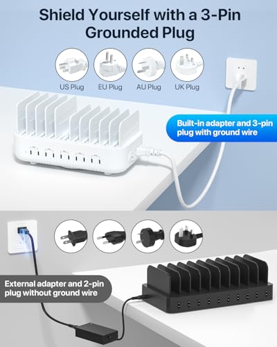 SooPii 100W 10-Port USB Charging Station, 10 USB-C PD Fast Charging Compatible with Phone,lPad,Galaxy, and Other Electronics, 10 Mixed Charging Cables Included (White) - color: White