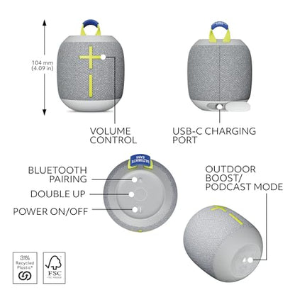 Ultimate Ears WONDERBOOM 4 Portable Waterproof Speaker - Gray | Balanced 360-Degree Sound and Bass, Dustproof, Floating, 131ft (40m) Range - color: Gray