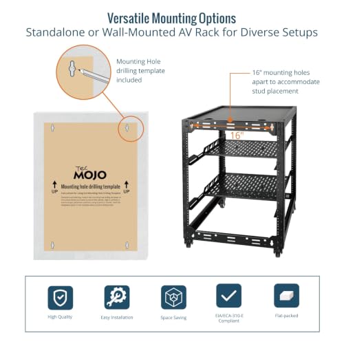 TECMOJO 16U Open Frame Network Rack for IT &AV Gear, AV Rack 4-Post with casters, Mobile 16U Rack with 2 PCS 1U Server Rack Shelf & Mounting Hardware, for 19" Network,Audio and Video Device - size: 16U with Casters