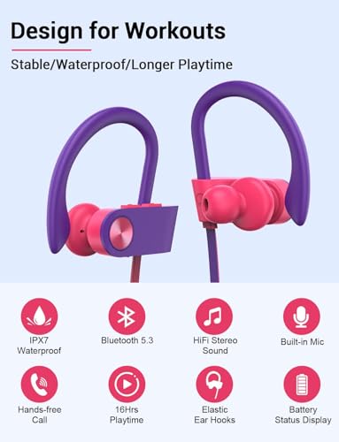 Bluetooth 5.3 Headphones, Wireless Sports In-Ear Earbuds IPX7 Waterproof | 16 Hours Playtime, Sweatproof Stereo Earphones with MIC, Noise Cancelling Headsets for Gym Running Workout, Clear Sound - color: Purple