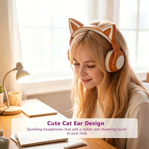 Cat Ear Headphones for Kids & Adults, LED Gaming Headset | Headphones Wired & Bluetooth Mode with Built-in Mic,Compatible with Phone/Laptop/PC/Tablet,Foldable Cute Headphones,Khaki - color: Khaki