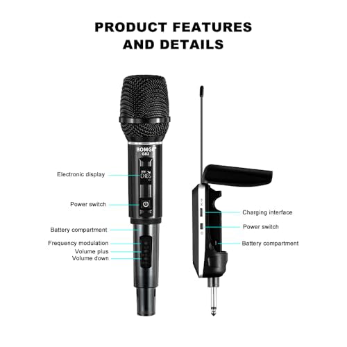 BOMGE Wireless Microphone, Professional Dual Handheld Rechargeable Wireless Microphones, 656FT Range Receiving, Less Latency Karaoke Microphone for Singing, Speech, Party (G86-2ch)