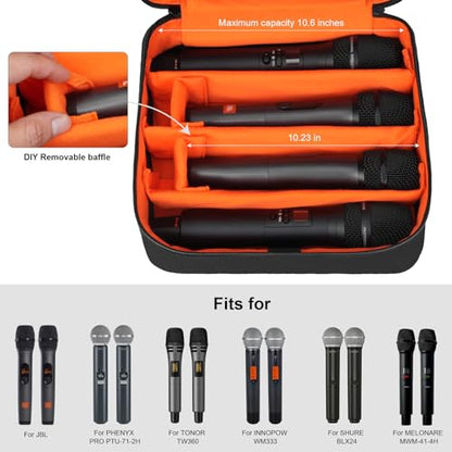 4-Slot Wireless Microphone Case | Mic Carrying Case compatible with JBL Partybox/Shure/TONOR handheld mic system, double layer organizer for receiver & cables - size: 4 Microphone Carrying Case