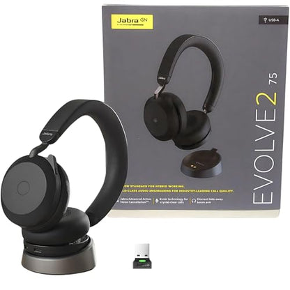 Jabra Evolve2 75 Wireless Headset Stereo UC w/Charging Headset Stand, USB Dongle, Compatible w/Zoom, RingCentral, Smartphones, Tablets, PC/MAC, 27599-989-989, w/Gold Support Plan and Mobile Wallet - color: Black, style: Evolve2 75 Plus STAND
