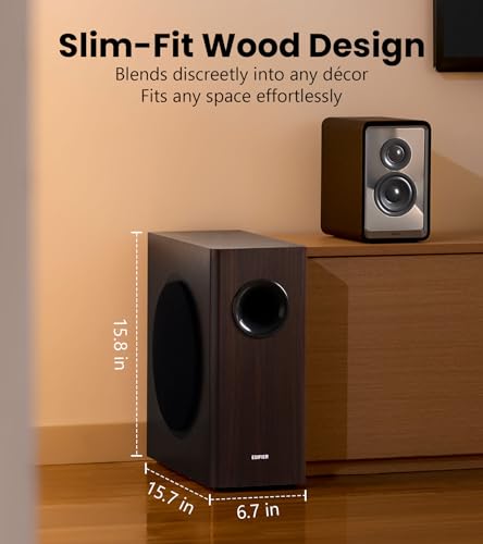 Edifier T5s Powered Subwoofer, 70W RMS, 8" Woofer, 35Hz Deep Bass, Brown | Active Long-Throw Speaker, Built-in Amp, Low Distortion, Phase Selector & Energy-Efficient for Home & Studio Audio - color: Brown