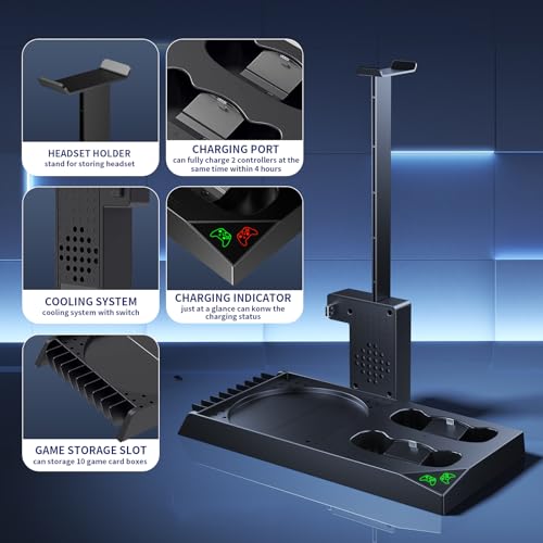 YUANHOT Vertical Xbox Series X Cooling Stand, Fan & 2-Battery Charger Dock | Includes 2*1400mAh rechargeable batteries, headset & disc storage,vertical fan cooling for Xbox Series X console & controller - color: Black