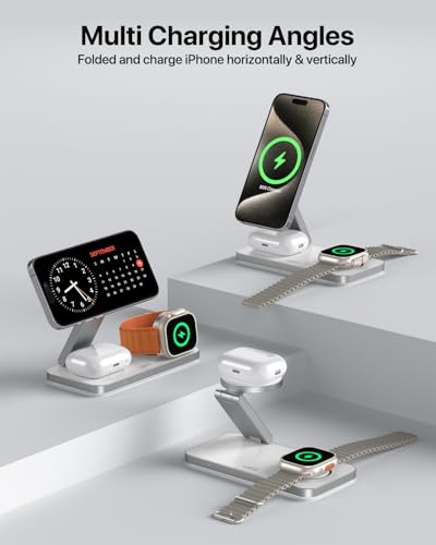 UEQ Foldable 3 in 1 Wireless Charging Station for Apple Compatible with Magsafe Charger Stand,Magnetic Wireless Charger Station for iPhone 17 Air 16 15 14 13 12 Series,Airpods Pro,Apple Watch (White) - color: White