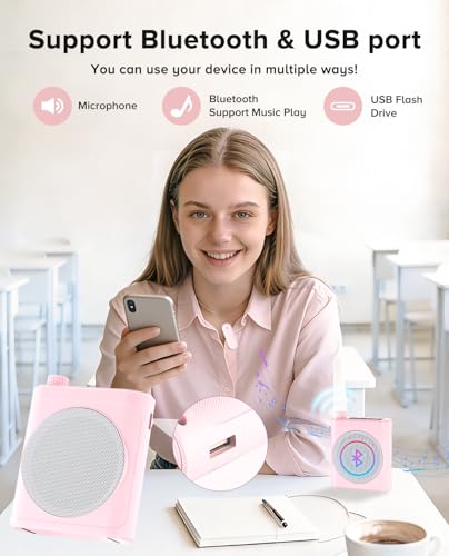 Voice Amplifier for Teachers, Dual Magnetic Lavalier Mic(Pink) | Bluetooth Portable Rechargeable Speaker for Classroom, Meetings, Tour Guide Speeches, Public Speaking, Coaches, PA System - color: Pink