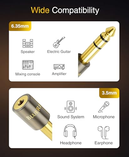 BlueRigger 1-Pack 1/4 to 3.5mm adapter (TRS 1/4 to 1/8 AUX Audio Jack Converter, Gold Plated, Aluminum Shell, 6.35mm Male to 3.5mm Female) Stereo Headphone Adapter for AUX Cable Guitar Amplifier Piano - size: 6.35MM-3.5MM-ADPT