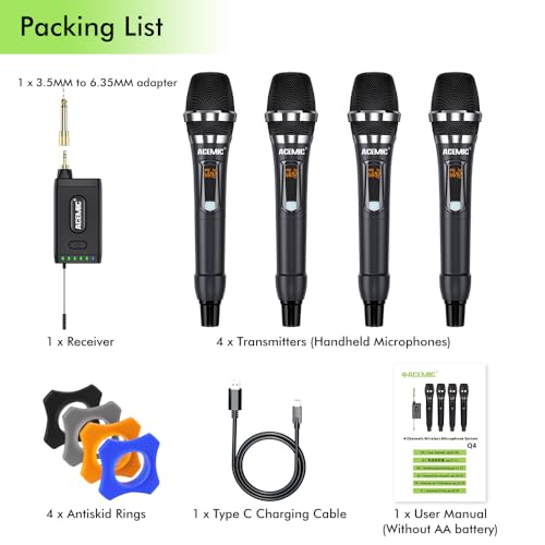 UHF Wireless Microphone System 4-Channel Cordless Mic with 4 Handheld Dynamic Microphones for Church, Speech, Weddings, Karaoke Machine, Q4