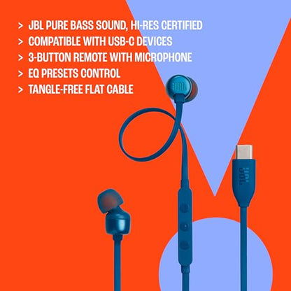 JBL Tune 310C - Wired Hi-Res in-Ear Headphones, Tangle-Free Flat Cable, 3-Button Remote with Microphone (White)