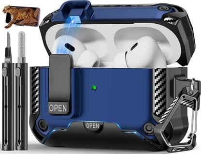 for AirPods Pro 1st/2nd Case with Lock & Phone Stand(Blue) | Automatic Snap Switch Lock,Carbon Fiber Texture Design Cover with Cleaner Kit - color: BB-Blue