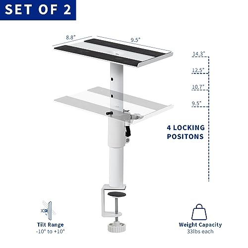 VIVO Clamp-on Speaker Stand Desk Mount Set, 10 x 9 inch Trays, Height Adjustment and Tilt, Universal Audio Holders for Computer and Bookshelf Speakers, Elevated Sound, 2 Pack, White, MOUNT-SP01CW - color: White