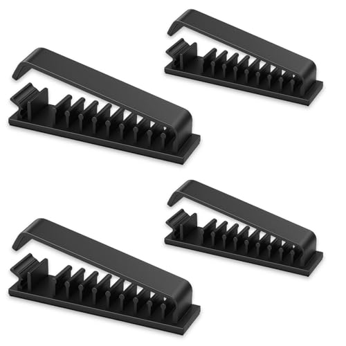 4-Pack Cable Clips Cord Organizer – Self-Adhesive 10-Slot Wire Holders for Desk, Car, and Home Cable Management (Black)
