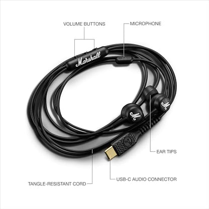 Marshall Mode USB-C 유선 이어버드 - 내장 마이크 | 맞춤형 핏 | 엉킴 방지 코드 | 다이나믹 드라이버 - 블랙