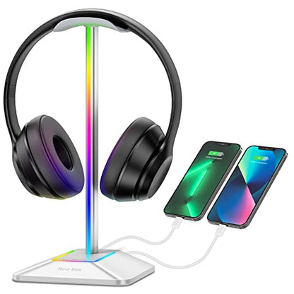 New Bee RGB Headphone Stand with 1 USB-C Charging Port and 1 USB Charging Port, Desk Gaming Headset Stand with 7 Light Modes and Non-Slip Rubber Base Suitable for All Earphone Accessories (Silver) | USB-C & USB Charging Ports, Stable Desktop Earphone Stan