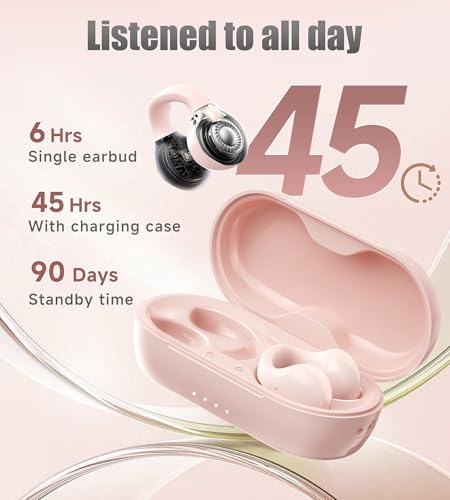 King Lucky i21 Open Ear Clip On Earbuds Wireless Bluetooth Ear Clip Headphones with Mic,Noise Cancelling, Waterproof IPX4,for Small Ears,Perfect for Running,Sports,Glasses Wearers (Pink) - color: Pink