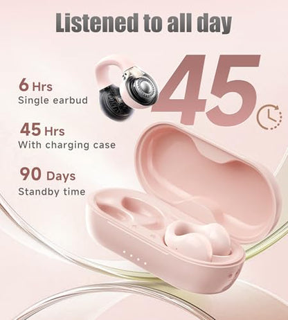 King Lucky i21 Open Ear Clip On Earbuds Wireless Bluetooth Ear Clip Headphones with Mic,Noise Cancelling, Waterproof IPX4,for Small Ears,Perfect for Running,Sports,Glasses Wearers (Pink) - color: Pink