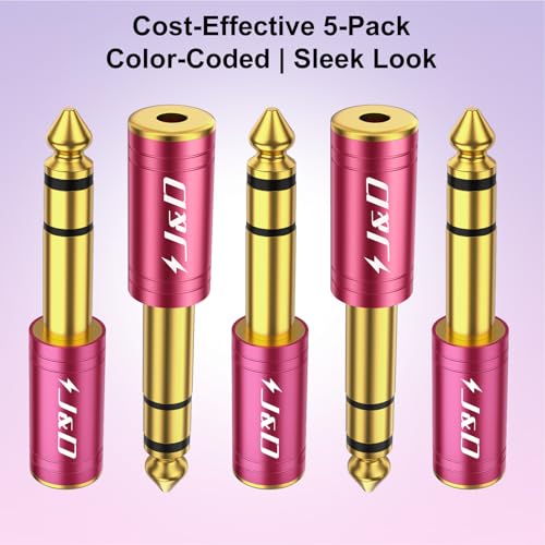 J&D 5-Pack 1/4 to 1/8 Headphone Adapter, 6.35 mm to 3.5 mm Stereo TRS Male to Female, Gold-Plated 3.5mm Plug Jack Connector for Guitar, Amp, Keyboard, Bass, Red - color: Red