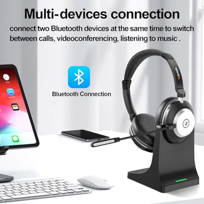 Wireless Headset with Mic for Work, Bluetooth Headset with Microphone (Noise Cancelling & Mute Button), Wireless Headphones with Mic for Work from Home/Office/PC/Call Center/Computer/Laptop/Teams/Zoom