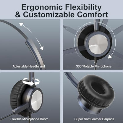 One Ear Wired Headphone for Deskphones, Telephone Headset with QD-RJ9 Jack & Noise Cancelling Microphone for Office Call Center, Works for Grandstream,Snom,Yealink,Fanvil,Cisco IP Phones and More