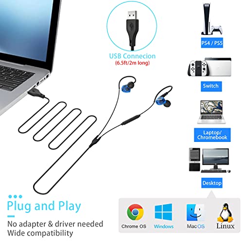 6.5Ft Long Cord Wired USB Earbuds Headphones with Microphone for PC Laptop | Clear Sound, Over Ear Hook, Case, Control, Mute Function, for Computer Desktop MacBook Chromebook PS4 PS5, Work Calls Gaming