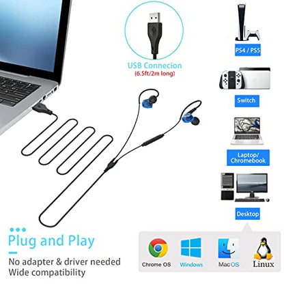6.5Ft Long Cord Wired USB Earbuds Headphones with Microphone for PC Laptop | Clear Sound, Over Ear Hook, Case, Control, Mute Function, for Computer Desktop MacBook Chromebook PS4 PS5, Work Calls Gaming