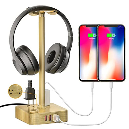Headphone Stand with 3 USB Charger Desk Gaming Headset Holder Hanger Rack with 3 USB Charging Ports and 2 AC Outlets - Suitable for Gamer Desktop Table Game Earphone Accessories Boyfriend Gifts