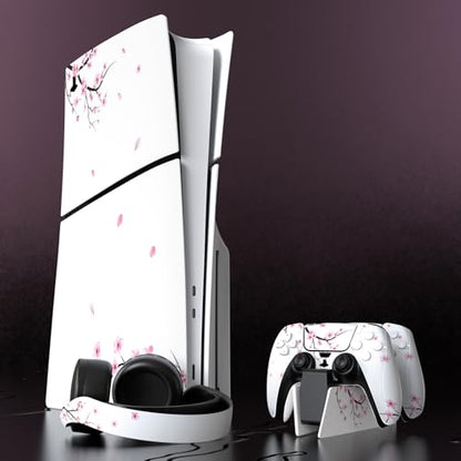 PlayVital Full Set Skin Sticker for ps5 Slim Console Disc Edition (The New Smaller Design), Vinyl Decal Cover for ps5 Controller & Headset & Charging Station & Media Remote - Falling Cherry Blossom - color: Falling Cherry Blossom