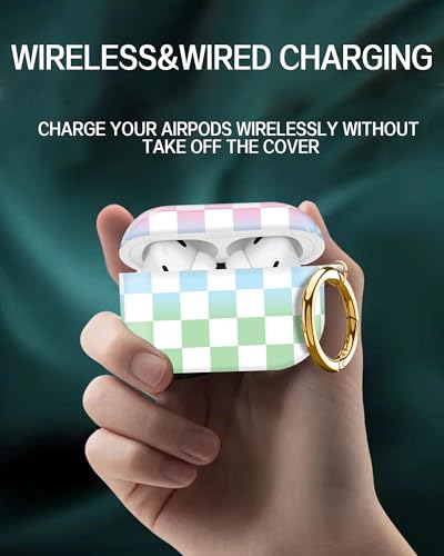 Cute Hard Case Compatible with AirPods Pro 2nd/1st Generation, Protective Cover with Golden Keychain, Fits 2023/2022/2019 Models, for Women, Girls, and Men(Colorful Checkerboard) - color: Colorful Checkerboard