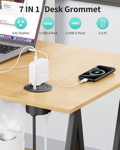 Desk Grommet, Dual-Sided Recessed Power Strip, 4 Outlets 3 USB (2 USB-C) | Flush mount desktop charging station, essential workspace desk outlet. 6.5FT flat plug extension cord, home office, black