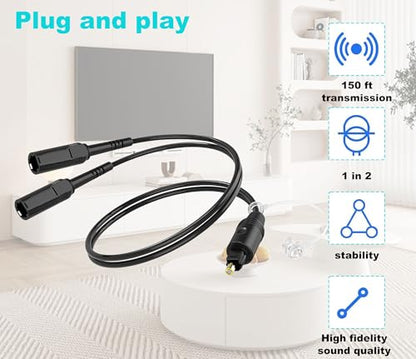 Digital Audio Cable, 1 Male Input and 2 Female outputs, 1 Foot, Digital Optical Audio Cable, Suitable for Home theaters and televisions. Toslink Digital Fiber Optical Audio Splitter.