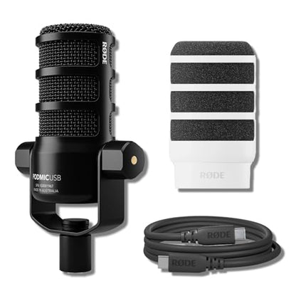 Rode PodMic USB Dynamic Broadcast Microphone Bundle with WS14 White External Pop Filter — XLR and USB-C, 24-Bit, Aphex DSP, Cardioid Studio Mic for Podcasting, Streaming, Voice Over, Broadcasting
